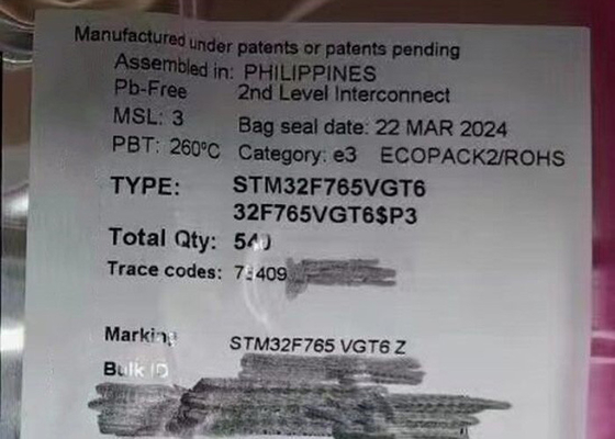 رقاقة الدائرة المتكاملة STM32F765VGT6 1 ميجابايت متحكم دقيق أحادي النواة IC 100-LQFP