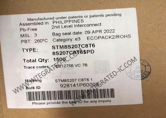 STM8S207C8T6 وحدة تحكم دقيقة MCU عالية الأداء 8-بيت 24MHz MCU مع 64 كيلوبايت فلاش