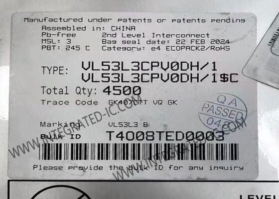 مستشعر VL53L3CPV0DH/1 لقياس الوقت بالطيران مع اكتشاف أهداف متعددة، نطاق 3 أمتار، وتصحيح تلقائي للبقع